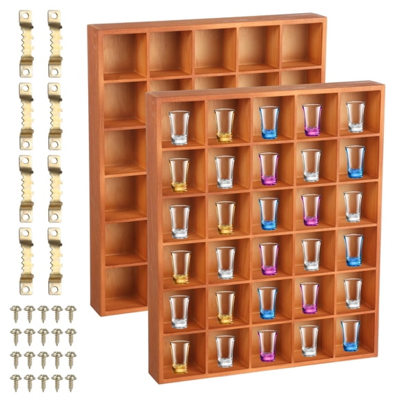 2 Units Wooden Shot Glass Display Cases, 30 Compartment Shelves, Desktop Wall Mount Racks, Rustic Collection Organizers, Freestanding Decor Shelving