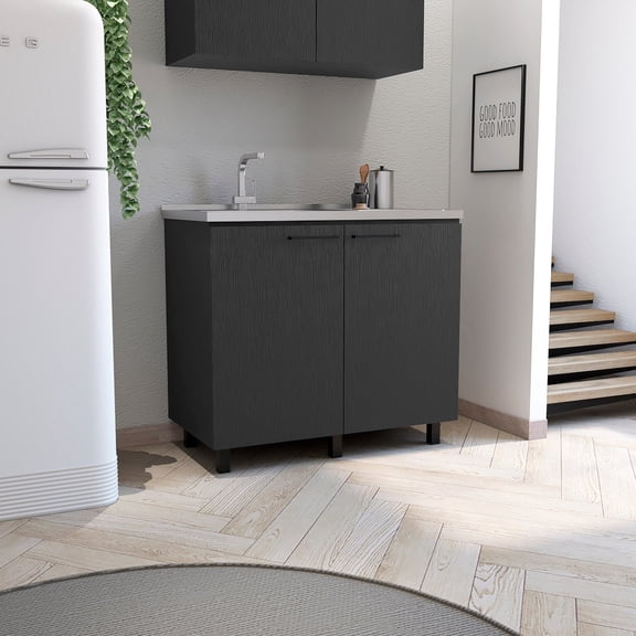 2 Utility Sink Cabinet - Black, Stainless Steel Countertop & Interior Shelf. Aluminum Countertop, Modern Legs. Faucet Not Included. 20.27 In. Depth X 39.93 Width 35.51 Height, 58.9 Lb With And