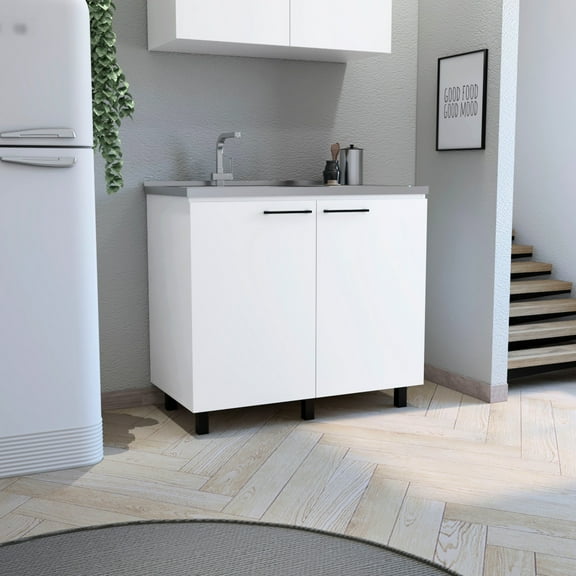 2 Utility Sink With Cabinet - White, Strong Stainless Steel Countertop & Interior Shelf, Particle Board, 20.25 In. Depth, 35.64 Height, 38.6 Width White Spacious Inner W, D, H