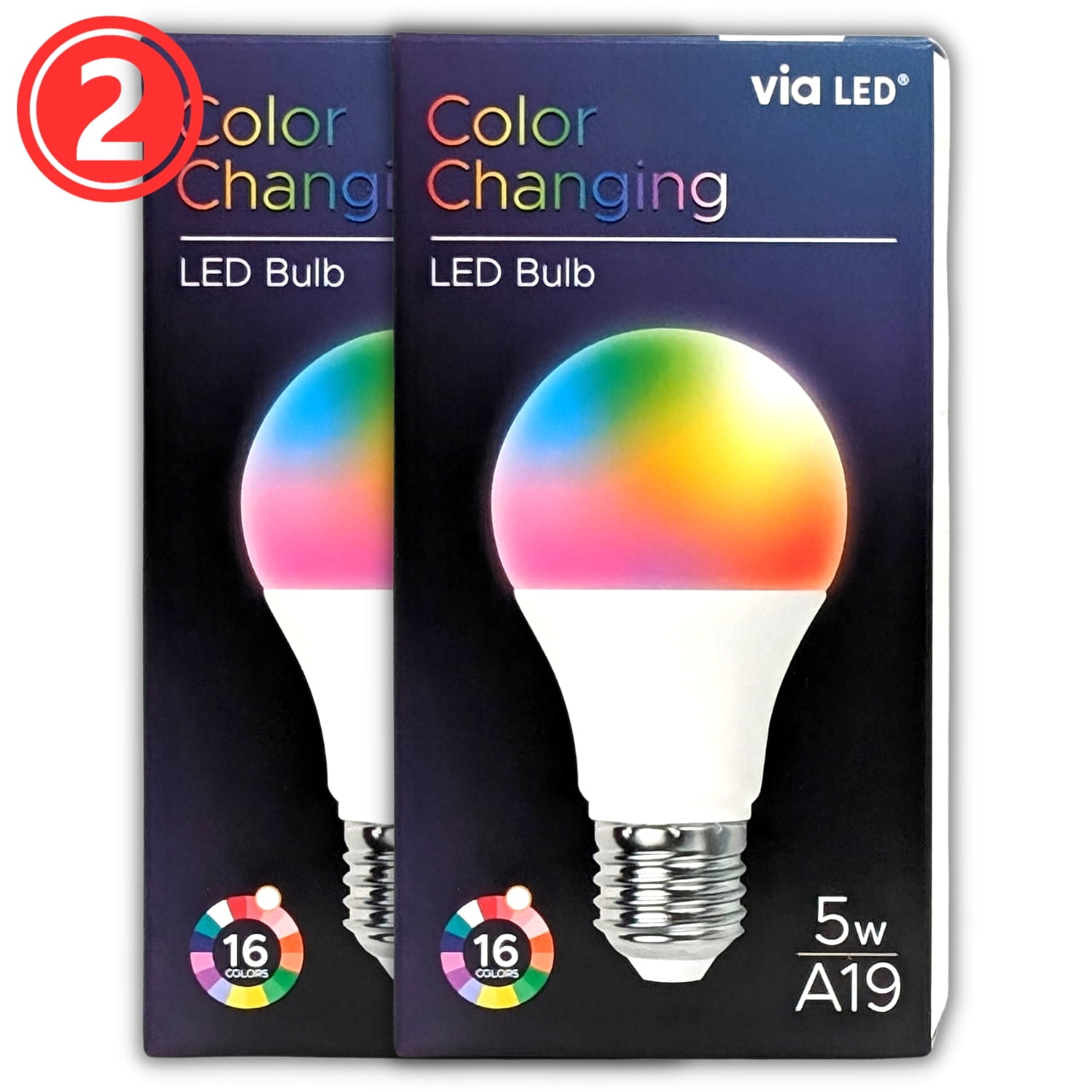 2 VIA Color Changing LED Bulb, 5W A19, RGB 16 Colors, Built in Memory