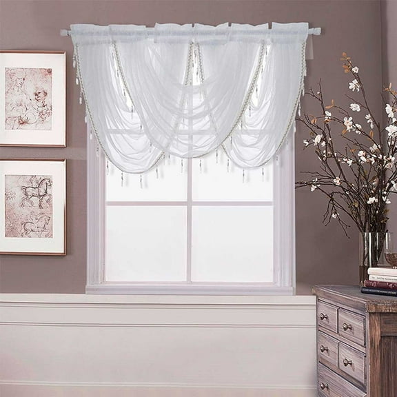 2 Valances Luxury White Diamond Sheer Embroidered Waterfall Window Valance Tassel Trim Bathroom Products
