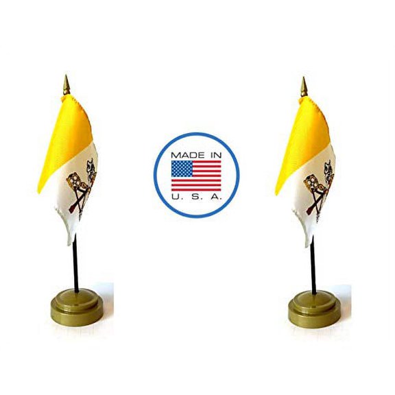 2 Vatican City Miniature Desk & Hand Waving Flags Set - Includes 2 Rayon 4"x6" Flags, 2 Bronze Stands, and 2 Mini Vatican Stick Flags