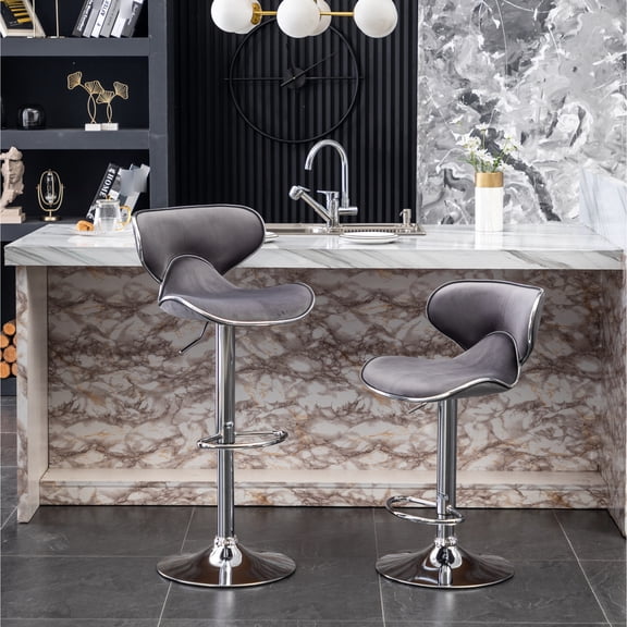 2 Velvet Adjustable Swivel In Gray. Chromed Metal Base With 360° And Footrest. Air-lift Seat Height. Foam Soft Seat. 18.15"w X 21.6"d 31.7"-41"h. Max 250 Lbs Weight Upholstered , Gray - Adjustment,