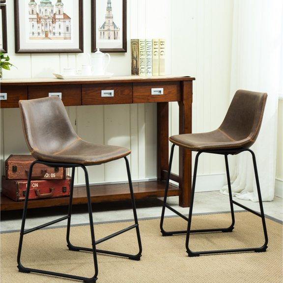 Of 2 Vintage Pu Leather Counter Height Stools, Antique Brown. Strong Plastic Molded Seats With Upholstered Leather. Black Iron Frame Chairs. Dimensions: 18.5"w X 21.5"d 34.5"h. Seat: 15"d 24.5"h 2