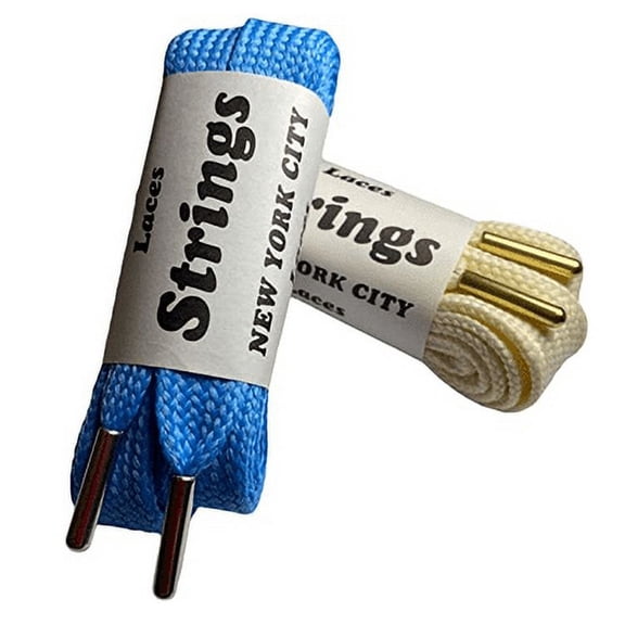 2 Vintage Wide Shoelaces 45" from the 80's, STRINGS Shoelace Co, Off White w/ Gold Tips, Light Blue w/ Silver Tips