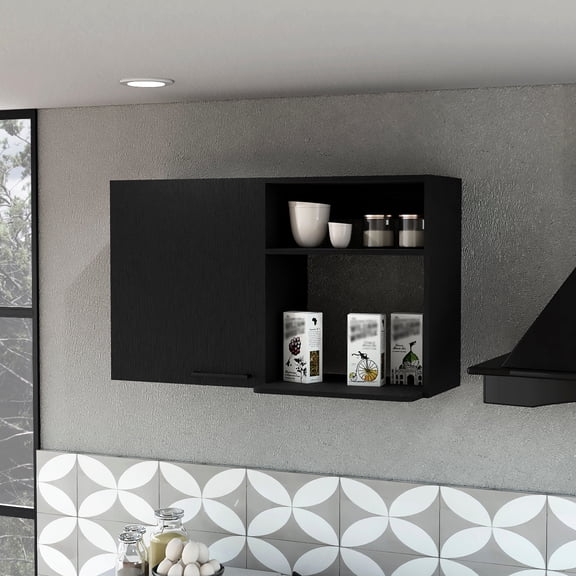 2 Wall Cabinet In Black For Kitchen Storage - Metal Handle, Side Shelves, Convenient Installation, Maximizes Space Utilization Cabinets, Assembly, Improves Look