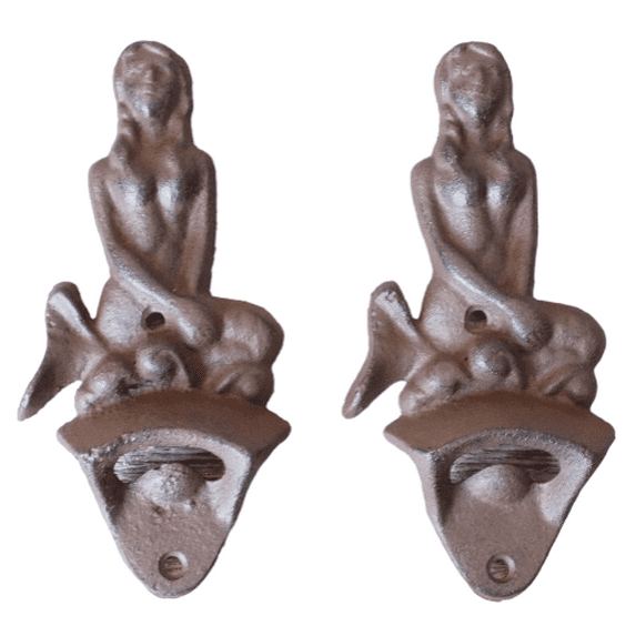 2 Wall Mount Bottle Opener Mermaid Nautical Bar Decor Lot of 2 Rustic Cast Iron