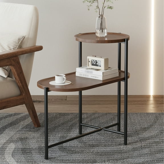 2 Walnut Brown Table For Decorative Living Room Storage Metal Frame Side With Wood Shelf, End