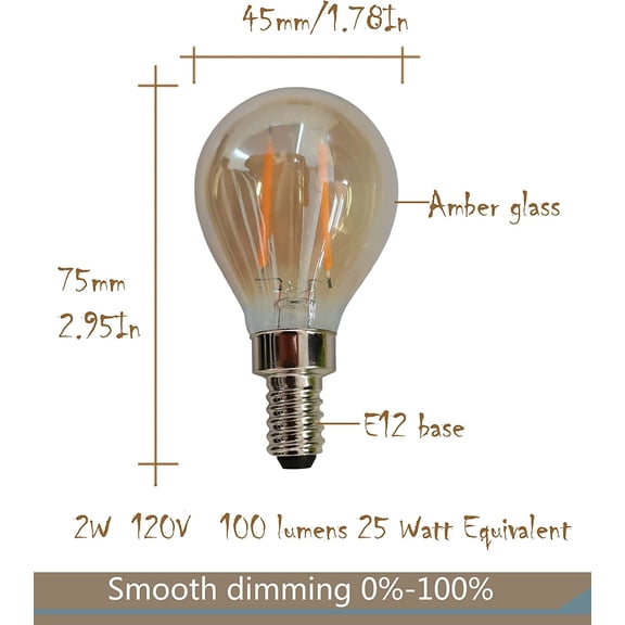 2 Watt G14 E12 Base LED Bulbs, Amber Glass Vintage Antique Dimmable led Bulb 120V 2200K Warm White 130 lumens 25 Watt Equivalent,4 Pack