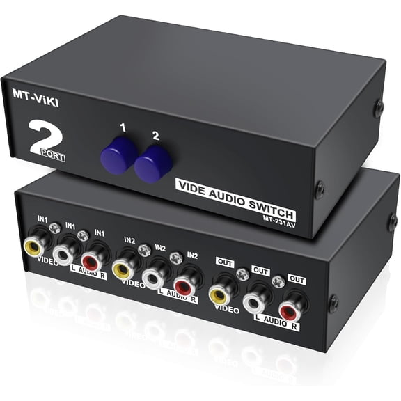2 Way AV RCA Switcher Splitter 2 in 1 Out 2 Port AV RCA Switch 2-in-1 Composite Video L/R Audio Switcher Selector Box for DVD Player Game Consoles TV Monitor Projector