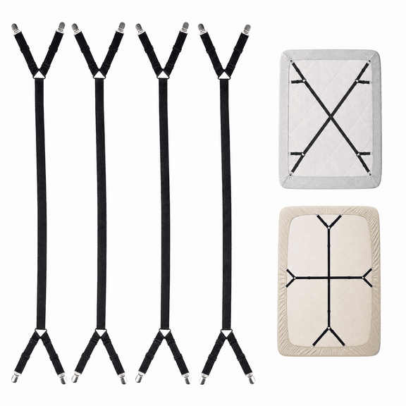 2 Way Adjustable Crisscross Bed Sheet Clip Straps, Elastic Sheet Corner Holder Grippers, Mattress Sheet Fastening Suspenders, 2 Set / 4 Pieces, Black