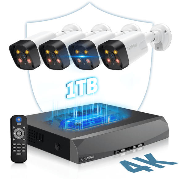 OHWOAI 4K PoE Security Camera System with Color Night Vision, 4 Cams, 8CH NVR, 1TB HDD