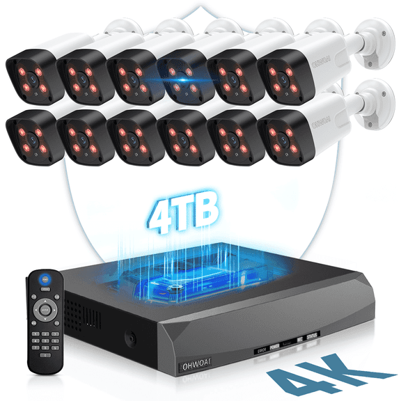 OHWOAI 4K PoE Security Camera System with AI Motion Detection, 12 Cams, 16CH NVR, 4TB HDD