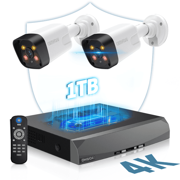 OHWOAI 4K PoE Security Camera System with Color Night Vision, 2 Cams, 8CH NVR, 1TB HDD
