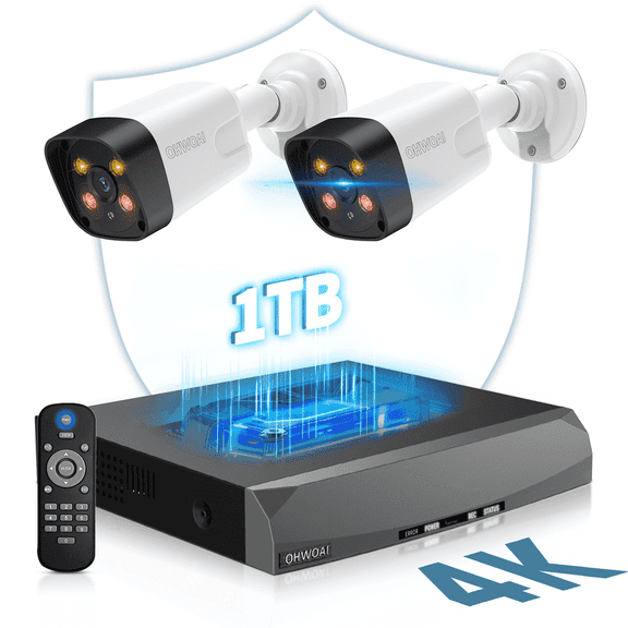 OHWOAI 4K PoE Security Camera System with Color Night Vision, 2 Cams, 8CH NVR, 1TB HDD