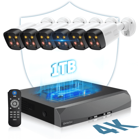 OHWOAI 4K PoE Security Camera System with 130° Wide View, 6 Cams, 8CH NVR, 1TB HDD