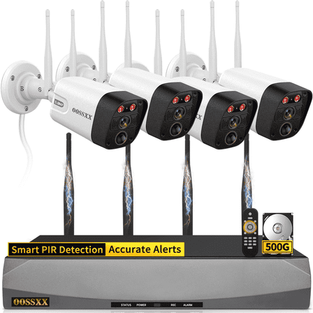 OOSSXX 5MP 4-Camera Wireless Security System with Dual Antenna WiFi, 130° Wide Angle Outdoor Cameras with 4K 16CH NVR