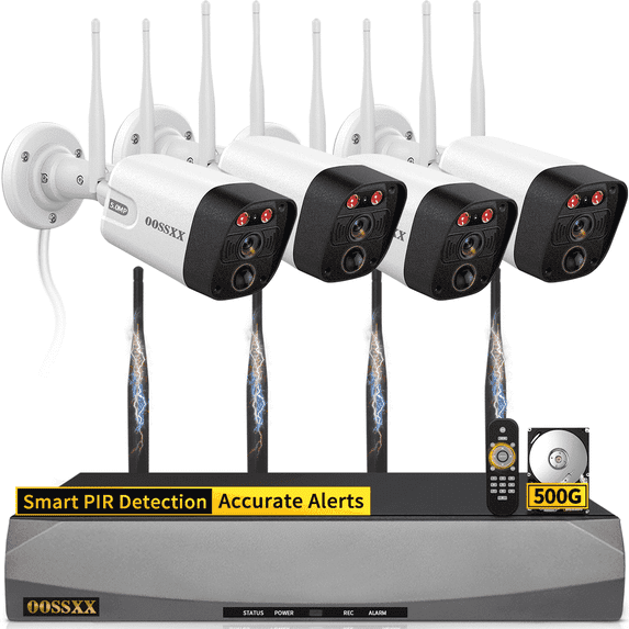 OOSSXX 5MP 4-Camera Wireless Security System with Dual Antenna WiFi, 130° Wide Angle Outdoor Cameras with 4K 16CH NVR