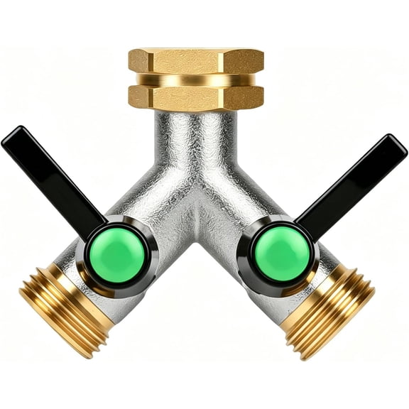 2 Way Brass Garden Hose Splitter, 3/4" GHT Thread Leak-Proof Y Valve with Easy Turn Shut-Off Handles, Faucet Splitter for Lawn Irrigation & Outdoor Watering