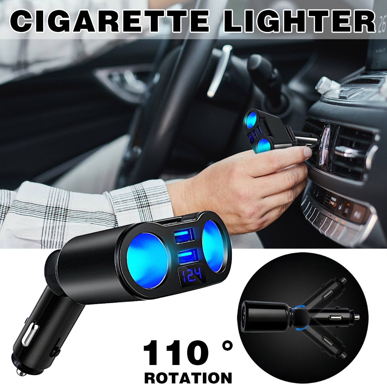 2-Way Car Cigarette Lighter Charger, 12V USB Power Splitter, LED Status ...