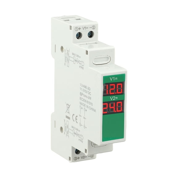 2-Way Din Rail Mount DC Voltage Meter 11V-310V Digital Display Panel Voltmeter LED Screen Electrical Measurement Industrial Power Monitor Circuit Testing Device