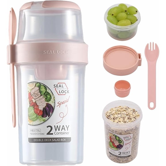 2-Way Double Deck Salad Cup with Fork, Leakproof Overnight Oats Container, Portable Breakfast On The Go Cups with Dressing Holder, Reusable Yogurt Cereal Snack Jar for Lunch, Fruit & Vegetable