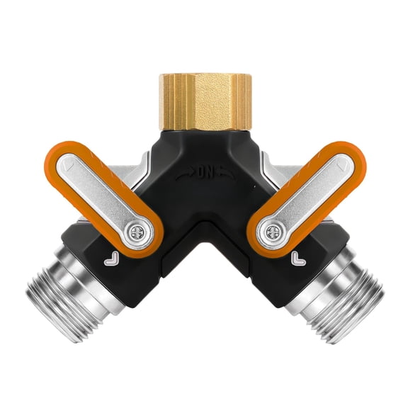2 Way Garden Hose Splitter Heavy Duty Full Metal Body  Flow Design With Oversized Ball Valve Y Outdoor Faucet Spigot Adapter Extended Levers 3/4" Ght Thread - Orange 1 Pack