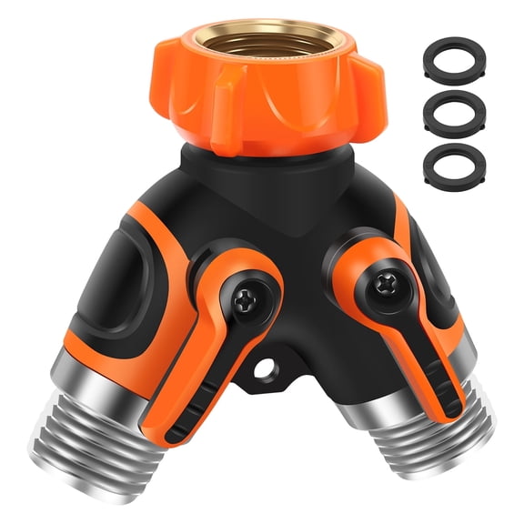 2 Way Garden Hose Splitter, Heavy Duty Zinc Alloy Water Hose Y Splitter with 2 Independent Shut-Off Valves, 3/4" Leakproof Outdoor Faucet Connector for Lawn, Drip Irrigation, RV & Car Wash, 3 Washers
