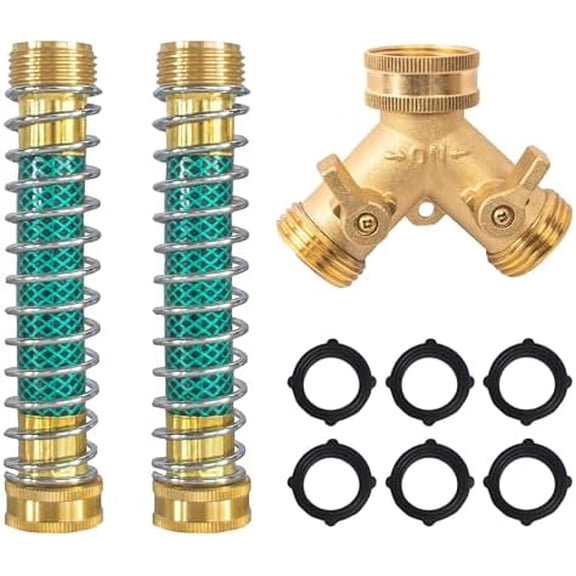 2 Way Hose Splitter, 3/4" Brass Hose Y Splitter with 2 PCS Garden Hose Extension Hose Coiled Spring Protectors and 6 Rubber Washers