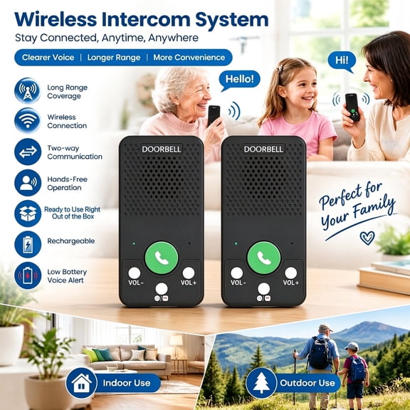Mutai 2-Way Wireless Intercom for Seniors, Hands-Free Full Duplex, Long Range Elderly Communication Radio, 4 Ringtones