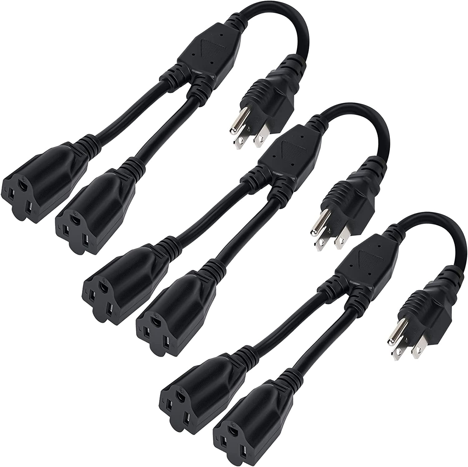 2 Way Power Cord Splitter (3 Pack)3 Prong 1 to 2 Outlet Power Cable
