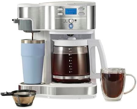 2-Way Programmable Coffee Maker, 12 Cup Glass Carafe And Single Serve Coffee Maker, White with Stainless Steel Accents, 49933