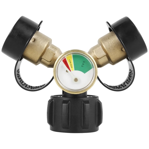 2 Way Propane Splitter with Shut Off Valve and Gauge Brass Propane Tank Y Splitter Adapter Sturdy Propane Hose Splitter QCC1/Type1 Propane Connector Splitter for Propane Tank