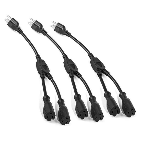 2 Way Splitter Extension Cord, 1ft 3 Prong Power Cord, 16 AWG, Black 3 Pack