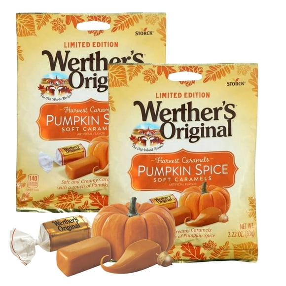 (2) Werther's Original Pumpkin Spice Soft Caramel 2.22oz. Bag with Creamy Filling for Snacks Trick or Treats Goodie Bag Filler Autumn Christmas Stocking Stuffers Pantry Staple & CUSTOM Storage Carrier