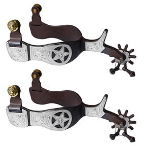 2 Western Cowboy Spurs, Handmade Antique Copper Finish, Silver Star Pattern Plates, Gold Accents, Adjustable Metal Wheel Teeth Design