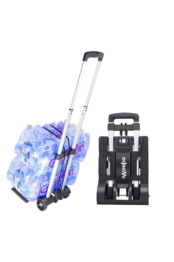 Folding Hand Truck Aluminum Trolley,Small Dolly, Foldable Hand Cart Collapsible 2 Wheel Luggage Trolley Foldable Dolly Expandable Large Chassis Foldable into Backpack