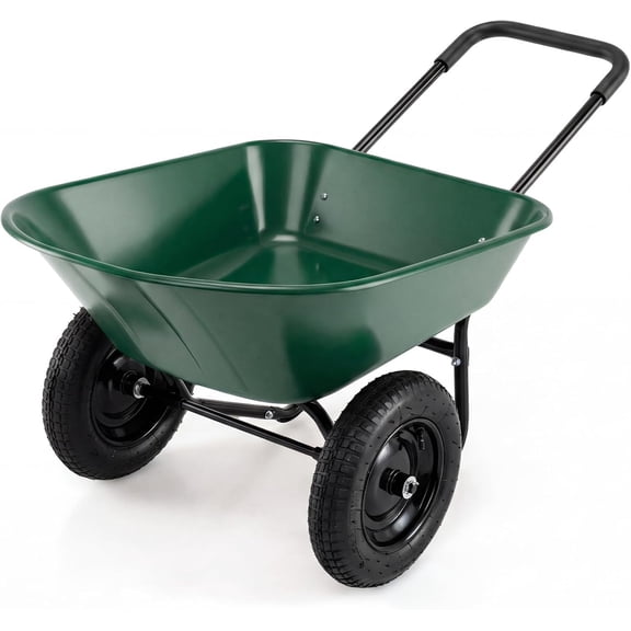 2 Wheel Wheelbarrow, Dual Wheel Barrow with 14 inches Pneumatic Rubber Tires, Garden Yard Cart for Gardening Tool, Moving Soil, Wood, Gravel, Mulch