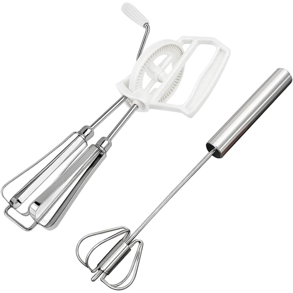 2 White Bagged Egg Beaters + 1 Large Semi-Automatic Stainless Steel Mixer, Durable Kitchen Tools for Baking and Cooking,Egg Hand Crank, Manual Mixer Set