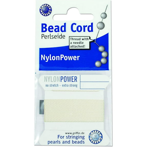 Griffin Nylon Bead Cord Perlseide – White Color – Size 2 (0.45mm) – 2 meters per card – Stainless Steel Needle Attached – For Knotting Pearls, Gemstones, Crystals and Beads
