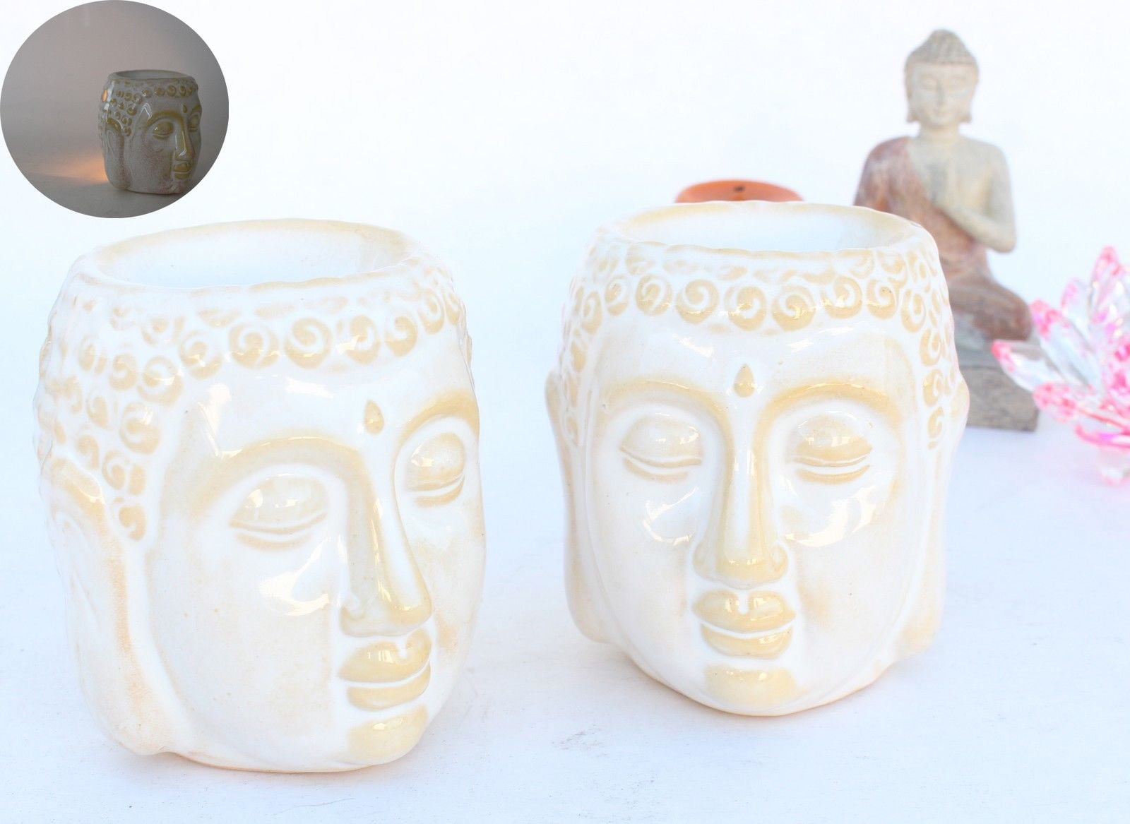 2 White Pcs Aromatherapy Essential Oil Burner Warmer Ceramic Tea Light Holder Peaceful Buddha Shakyamuni Design