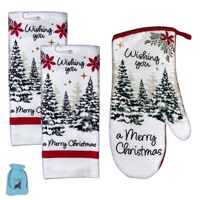 (2) White Printed Christmas Holiday Decorative Kitchen Towels and (1
