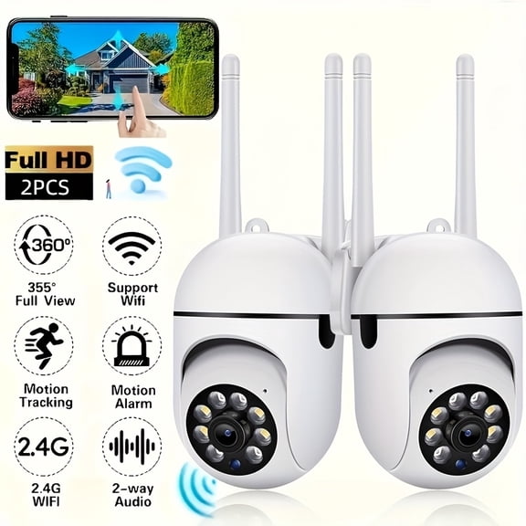 2 WiFi HD Security Cameras: 360 Panoramic PTZ, Motion Alerts, Color Night Vision, Two-Way Audio, Remote Smartphone Access for Home & Yard Safety
