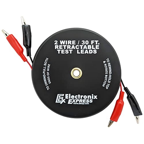2 Wire 30 Foot Retractable Test Leads, Red and Black 18 Gauge Wire with Alligator Clips on Each End, Ideal for Electrical Troubleshooting Cars, Trailers, Boats