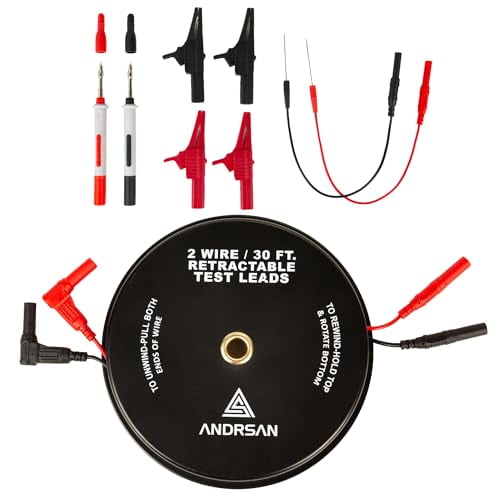 2 Wire 30 ft Retractable Test Leads with 4 mm Banana Plugs,18 AWG Multimeter Test Leads with 4 Alligator Clips, 2 Test Probes and 2 Wire Piercing Probes, Test Lead Kit for Testing Electrical Circuits