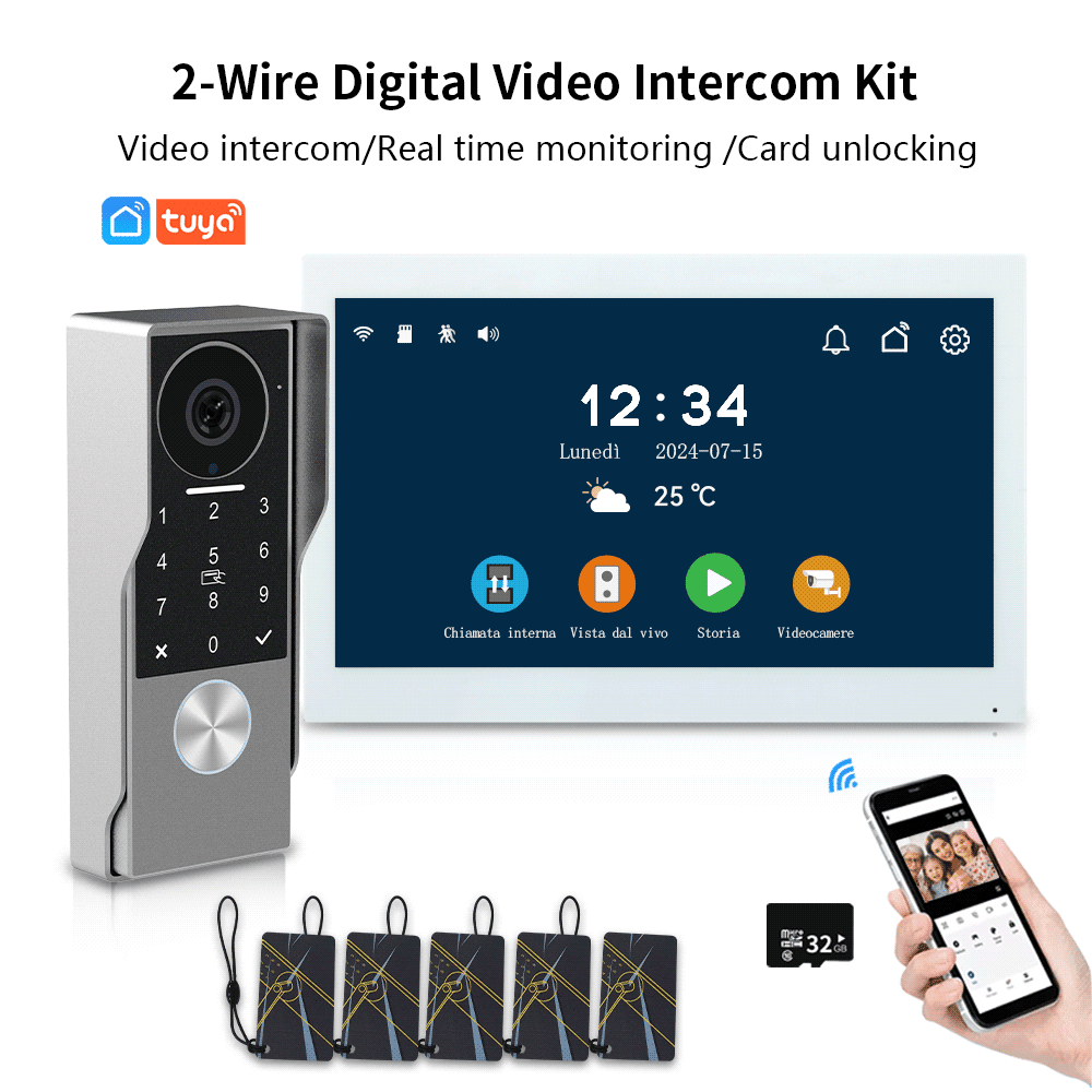 Smart 1080P WiFi IP Video Doorbell with 7-Inch Touch Screen Remote Unlock Code Keypad RFIC Card Access Control