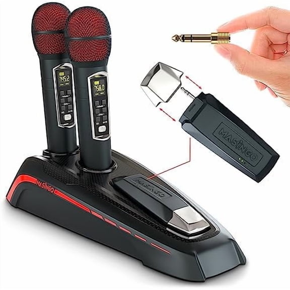 2 Wireless Karaoke Microphones, Integrated Bluetooth Receiver - Connects Mics and Smartphone to Any Speaker with AUX/Mic Input - Includes Singer Vocal Removal Mode + Charging Base - A12$$Music