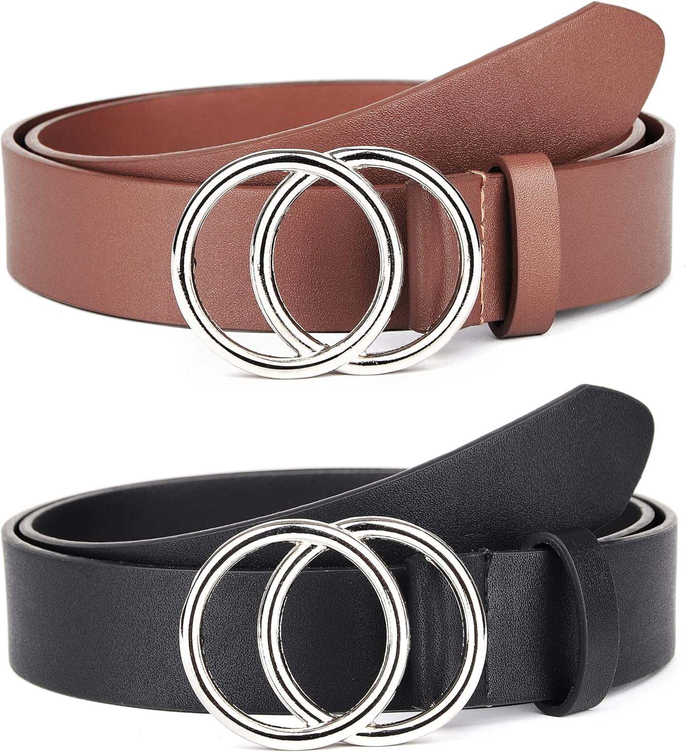 2 Women Belts for Jeans with Fashion Double O-Ring Buckle 