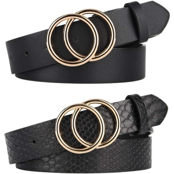 2 Women Belts for Jeans with Fashion Double O-Ring Buckle and Faux Leather