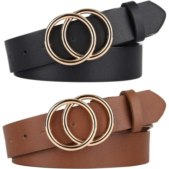 2 Women Belts for Jeans with Fashion Double O-Ring Buckle and Faux Leather